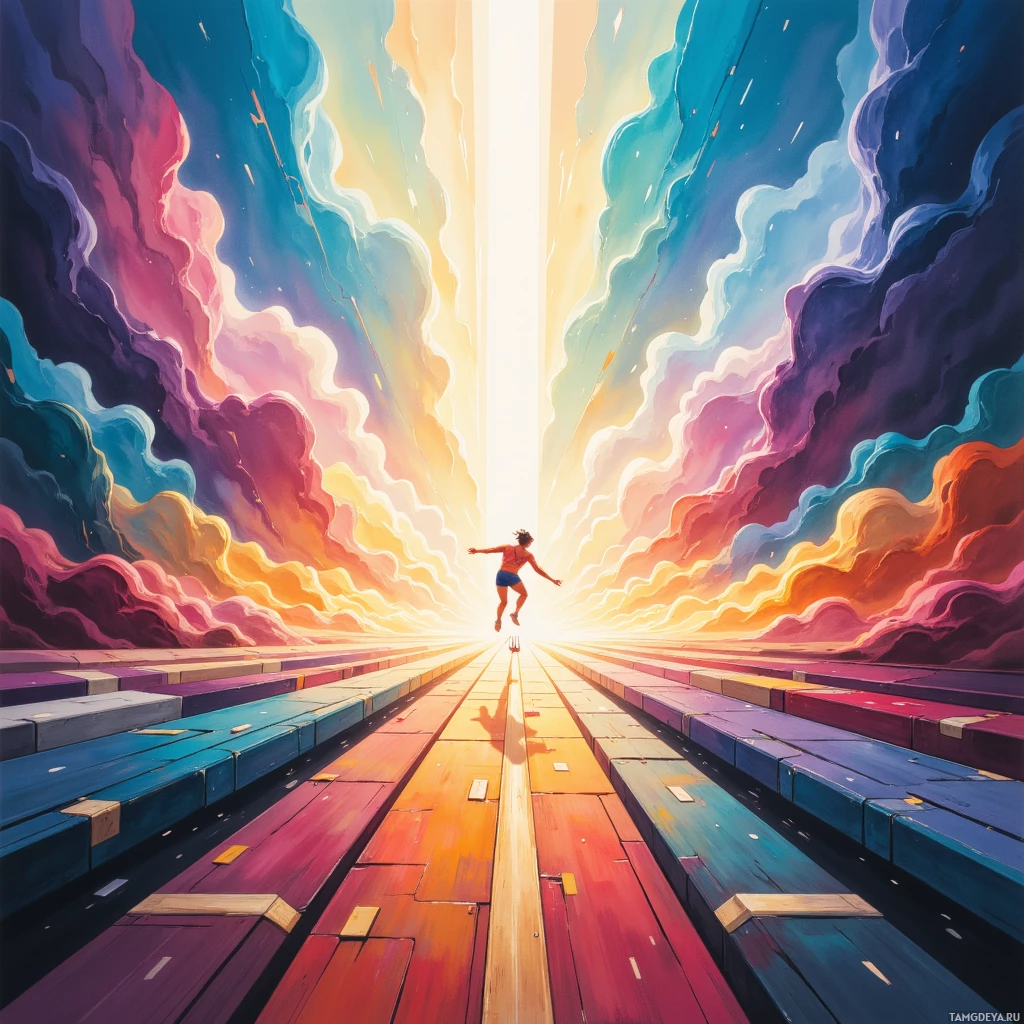 A vibrant, surreal scene featuring a figure running towards a bright light at the end of a colorful, floating pathway amidst swirling clouds.