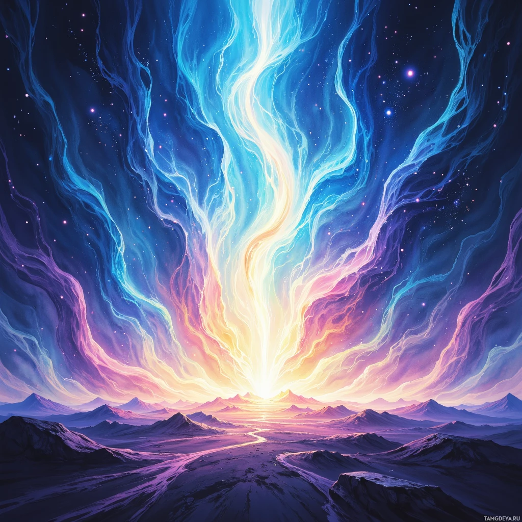 A vibrant, cosmic landscape featuring a radiant sky with swirling clouds and distant mountains.