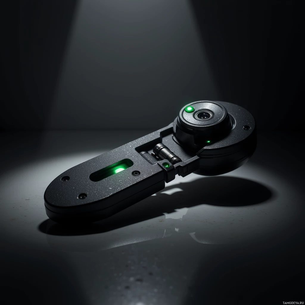 A sleek, black device with a circular lens and green lights, set against a dark background.
