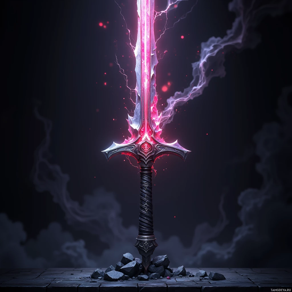 A glowing, electric sword with intricate designs stands on a stone platform against a dark, smoky background.