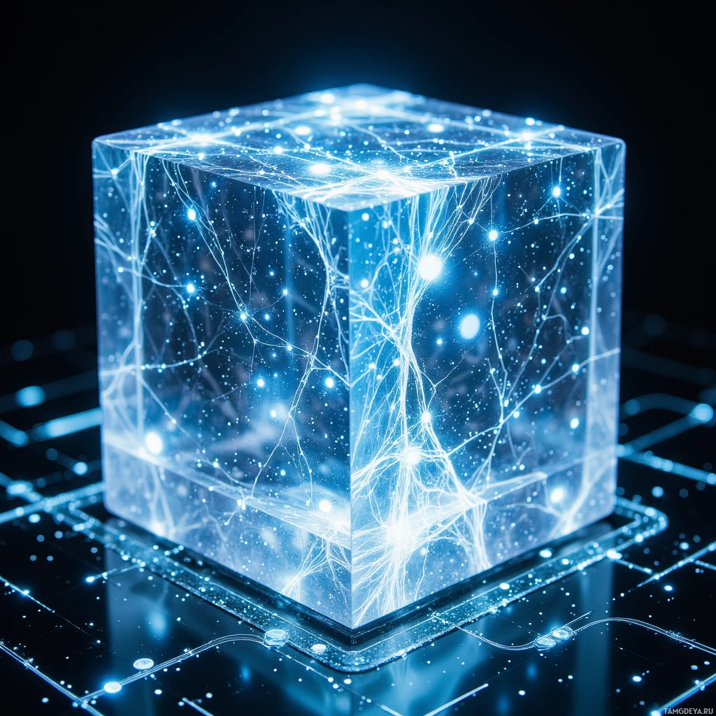 A glowing, transparent cube with intricate network patterns and bright blue lights.