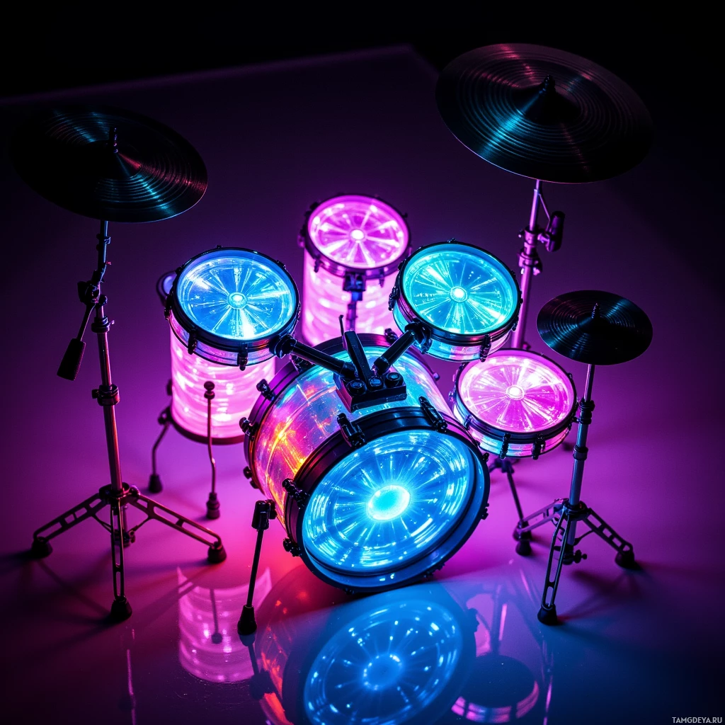A drum set with glowing lights in a dark setting.