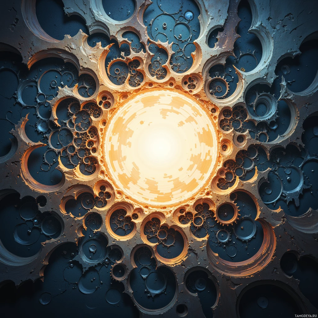 A detailed, abstract pattern of interlocking circles and gears in shades of blue and gold.