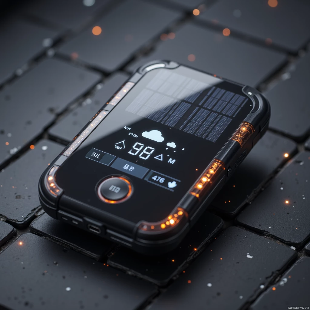 A rugged, futuristic device with a digital display and glowing orange accents rests on a textured surface.
