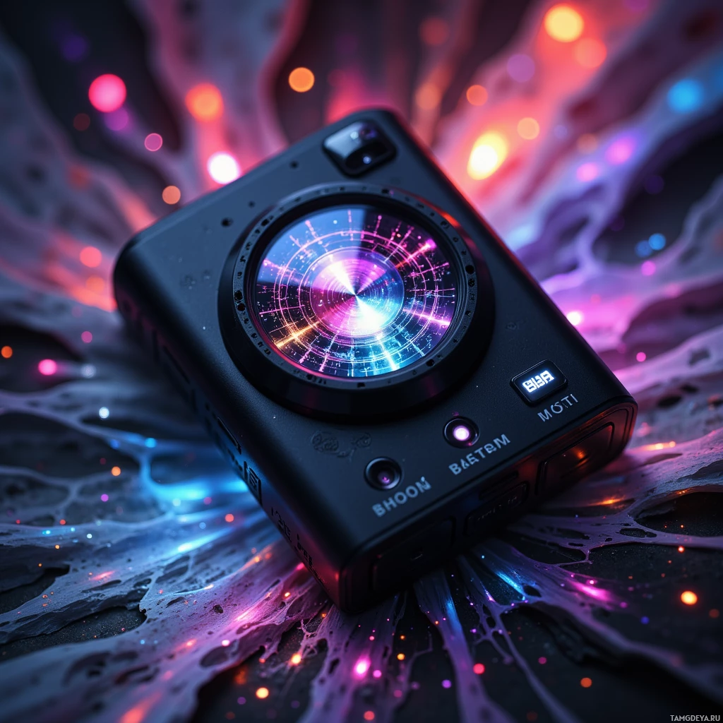 A futuristic device with glowing elements and colorful, abstract background.