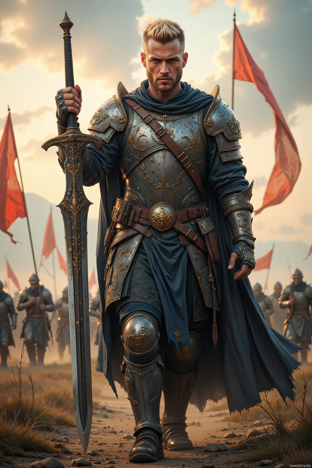 A knight in ornate armor stands with a sword, surrounded by soldiers and red flags.