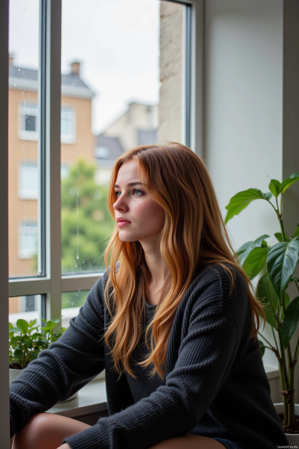 A woman with long hair sits by a window, gazing outside.