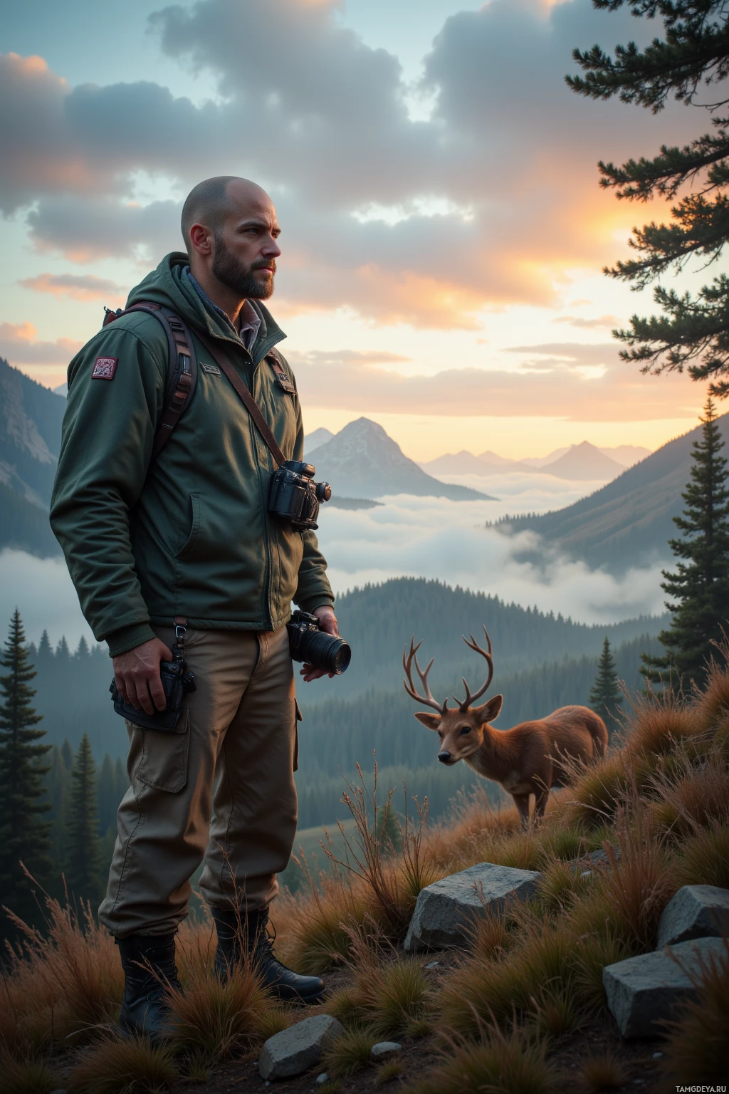 A man stands on a mountain peak, holding a camera, with a deer nearby and a scenic sunset in the background.