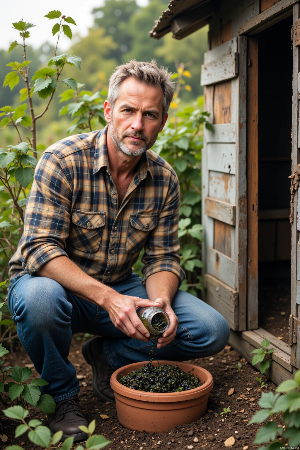 A man in a plaid shirt and jeans is kneeling outdoors, pouring contents from a jar into a pot.