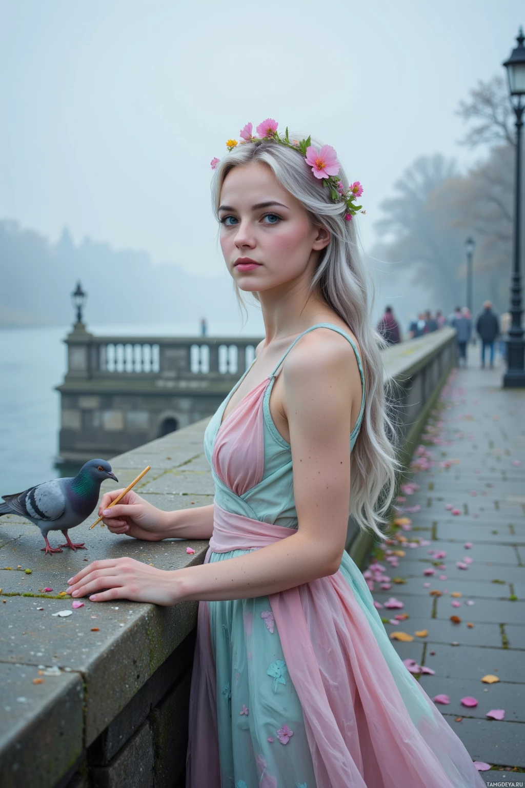 A woman in a pastel dress with a flower crown stands by a railing near a body of water, with a pigeon perched on her hand.