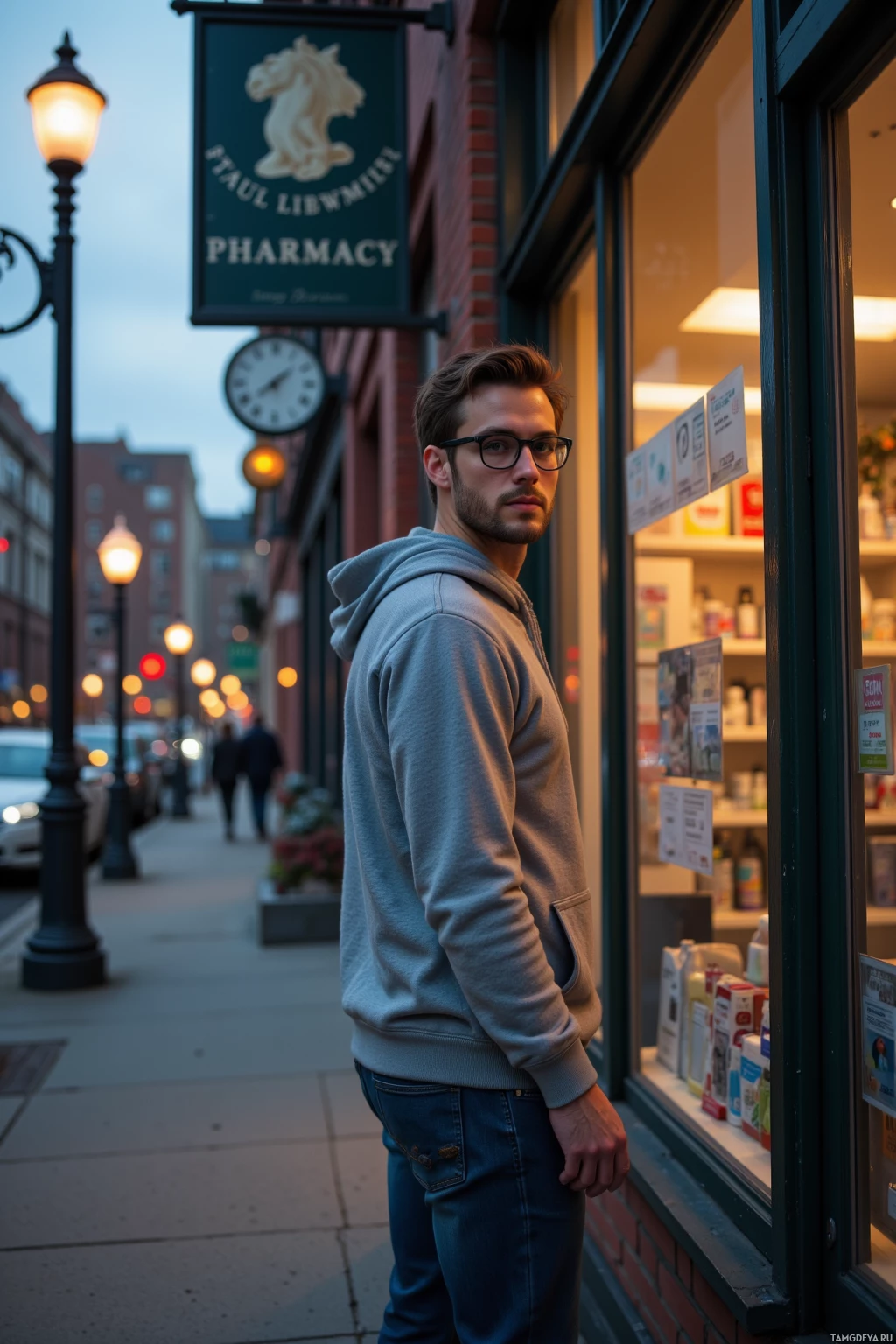 A man in a hoodie stands outside a pharmacy at dusk.