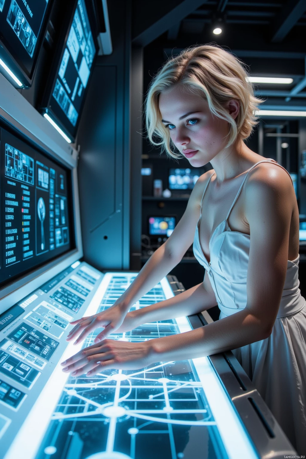 A woman in a futuristic setting interacts with a large, illuminated control panel.