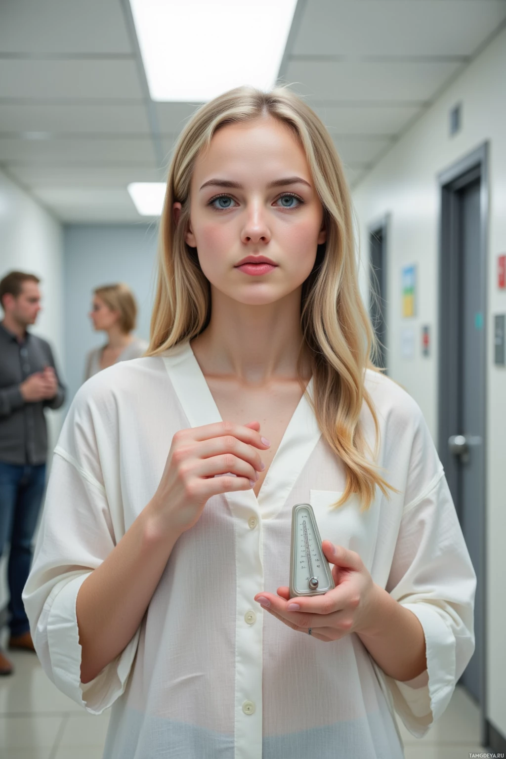 A woman in a white shirt holds a metronome in a hallway.