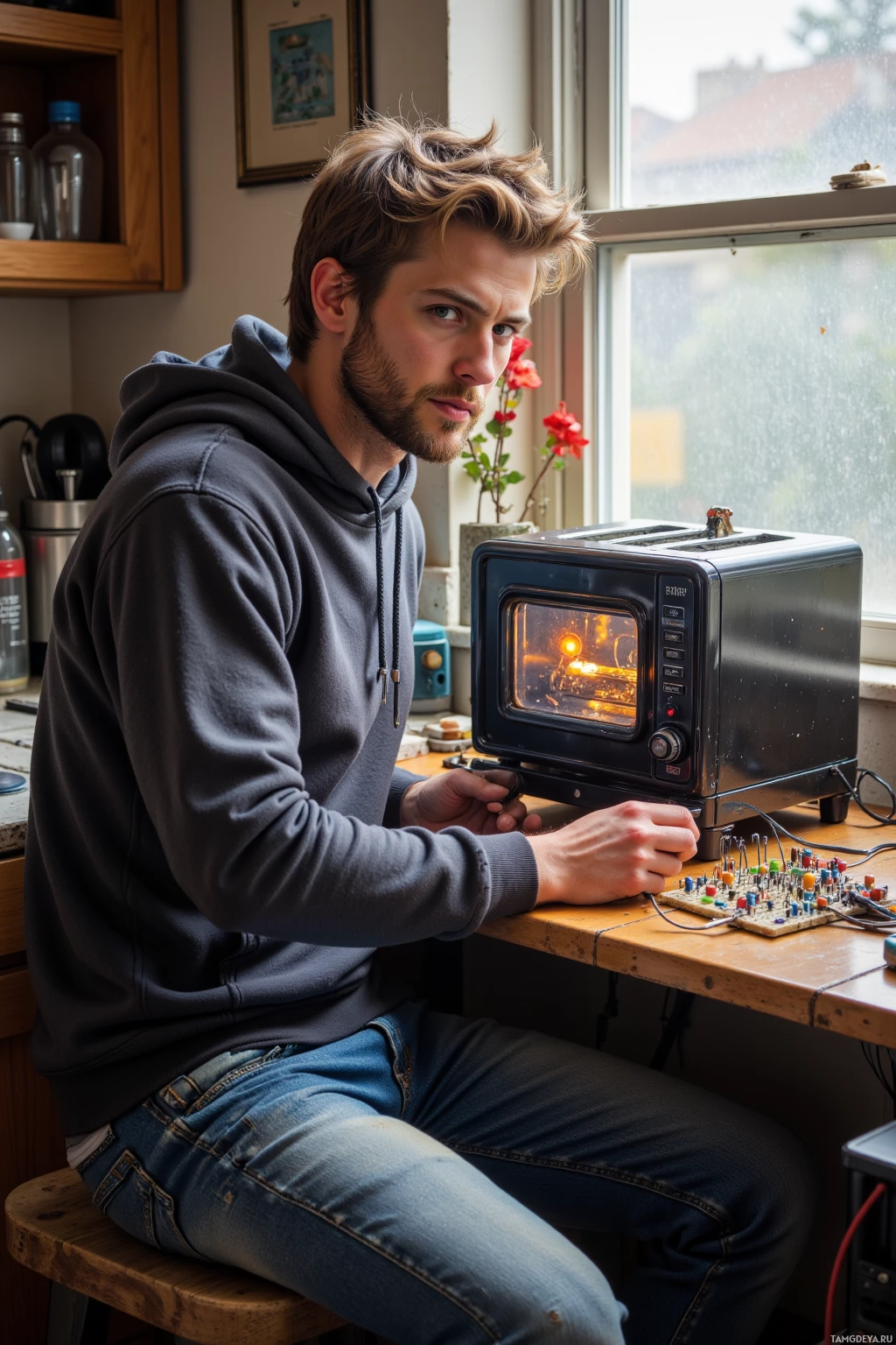 A person in a hoodie sits at a table with a toaster oven and electronic components.