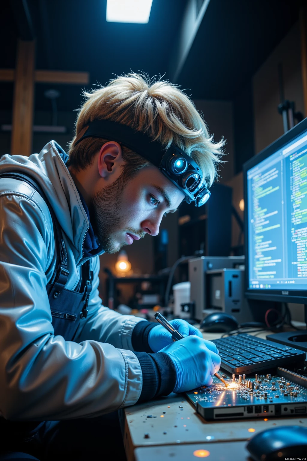 A person wearing a headlamp and gloves works on a circuit board in a dimly lit workspace.