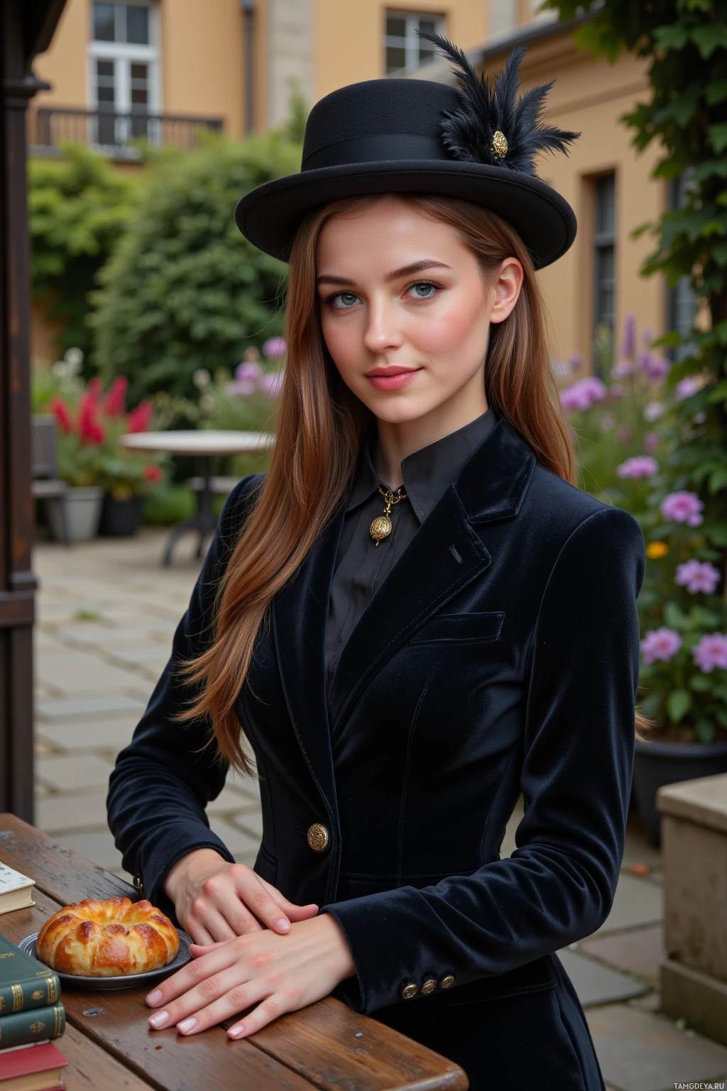 A woman in a black outfit and hat stands outdoors with a plate of food and books on a table.