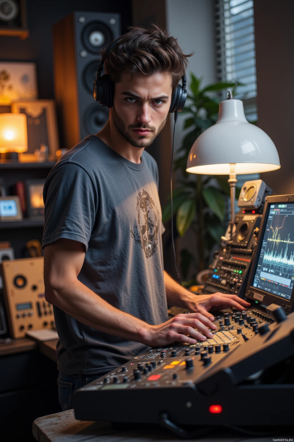 A person wearing headphones is operating a music production setup in a studio.