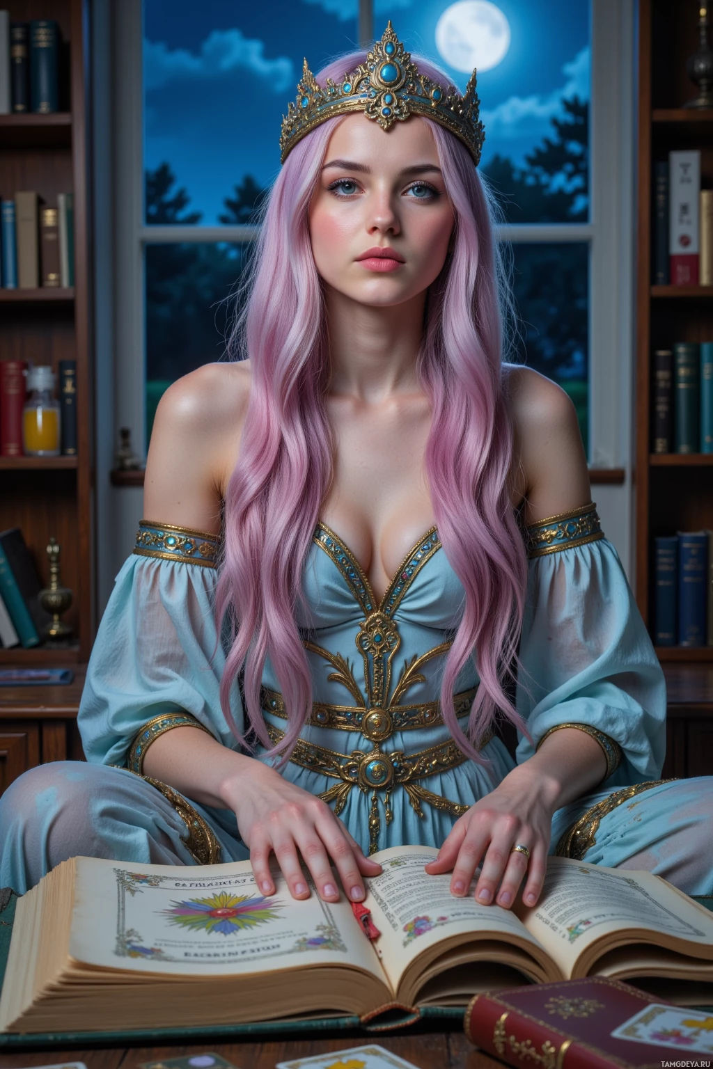 A person with long pink hair and a crown, dressed in a blue and gold gown, sits at a table with an open book and other items.