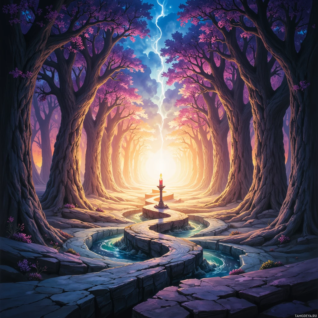 A serene forest scene with tall trees, a glowing candle, and a winding path leading to a bright light at the end.