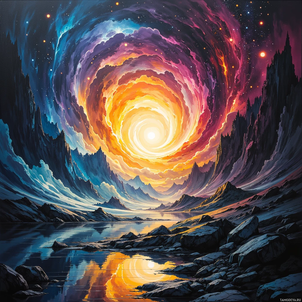 A vibrant cosmic scene with a swirling galaxy and rocky landscape reflected in a calm body of water.