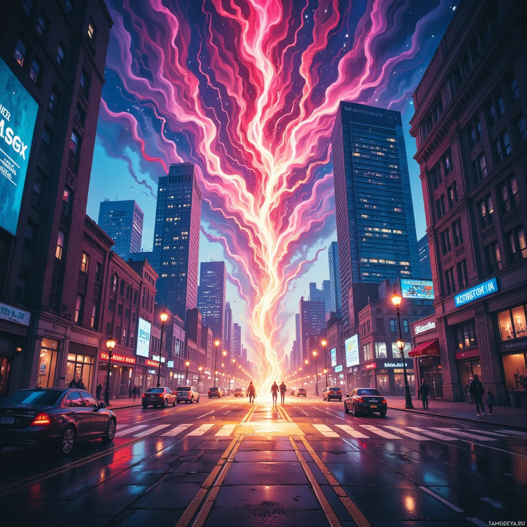 A vibrant cityscape with a glowing, abstract light beam rising from the street, creating a surreal and dynamic atmosphere.