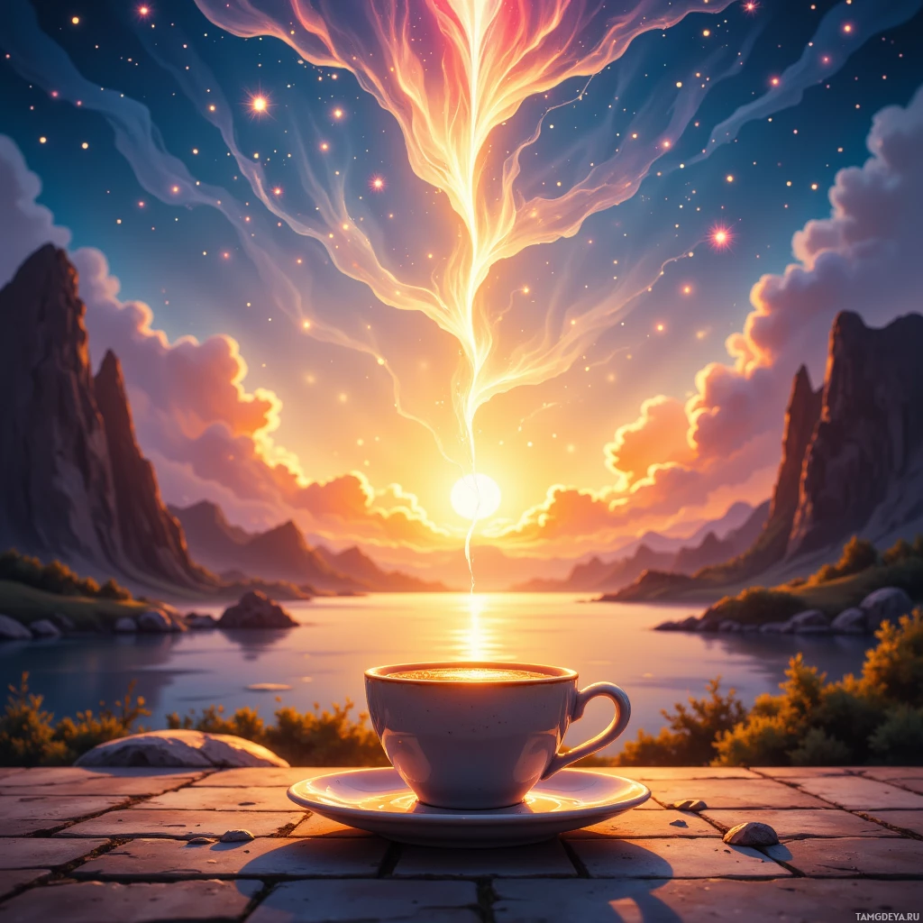 A serene sunset scene with a glowing cup of coffee on a stone surface, surrounded by mountains and a reflective lake.