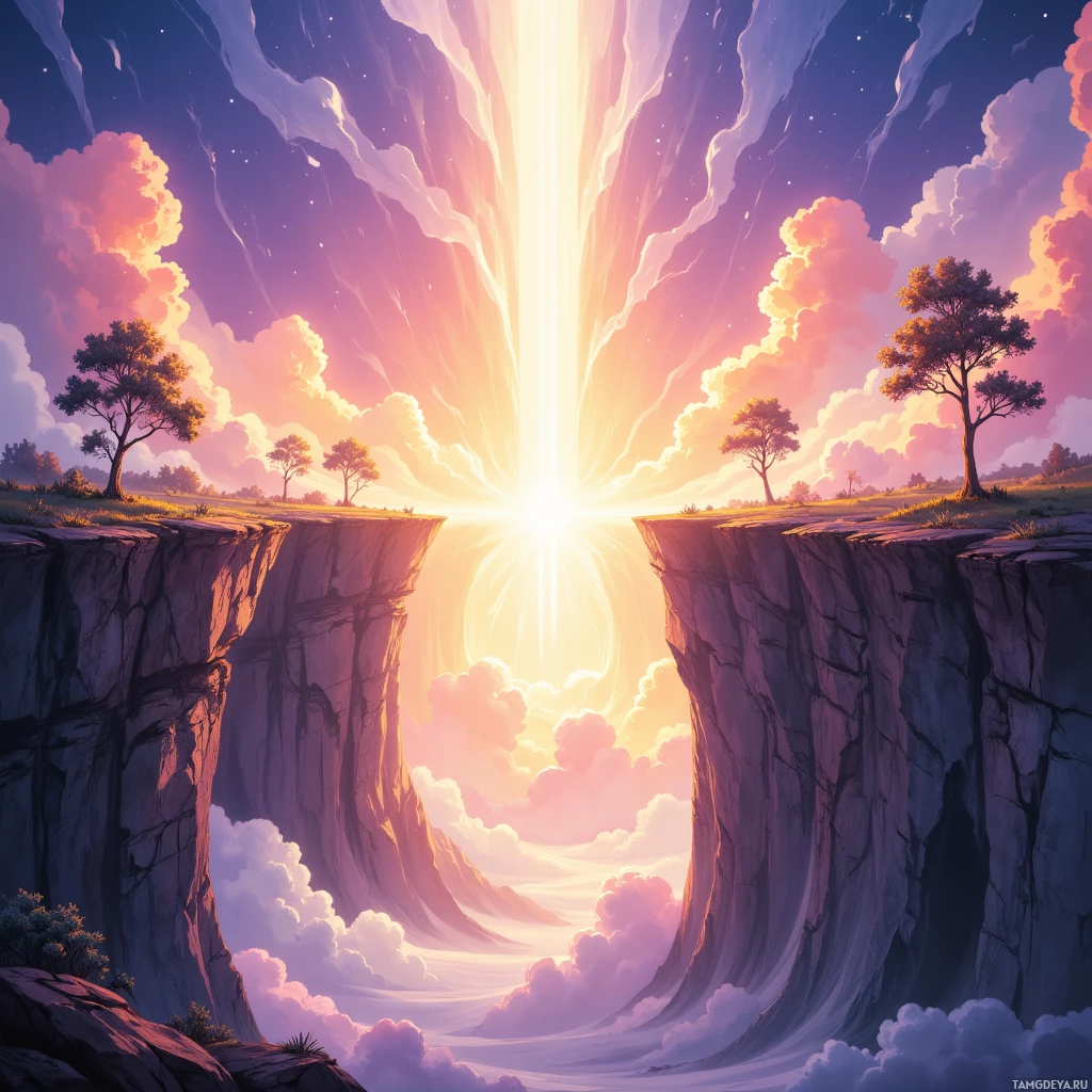 A serene landscape featuring cliffs, trees, and a radiant light source in the sky.