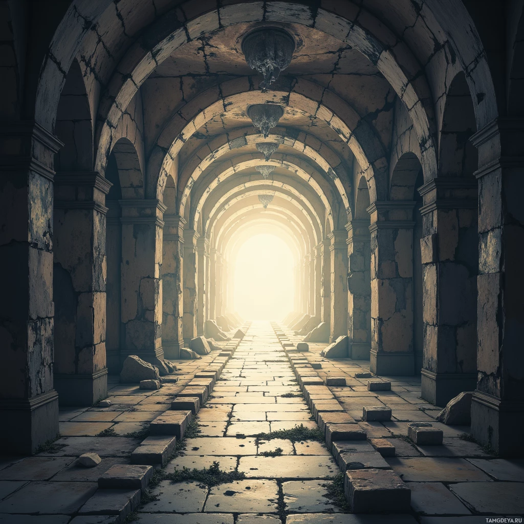 A dimly lit, ancient stone corridor with arches leading to a bright light at the end.