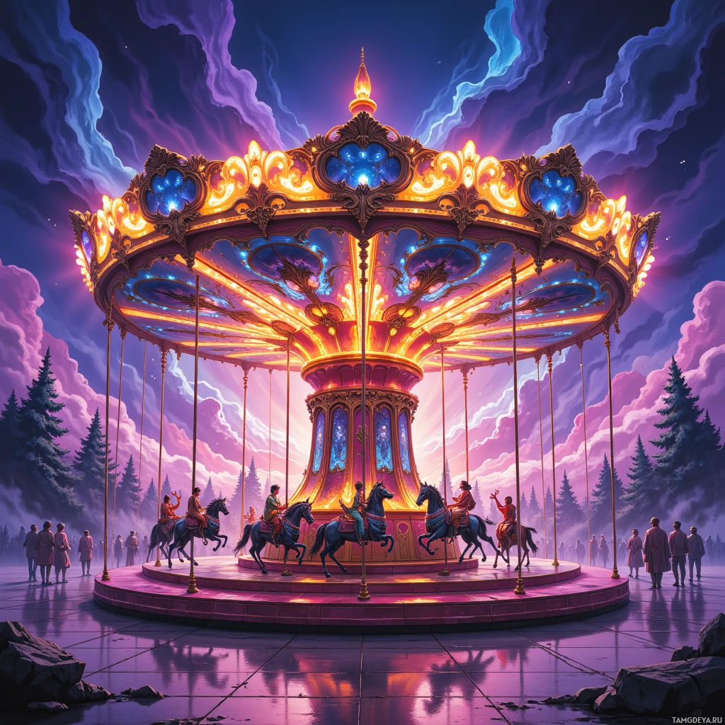A vibrant, illuminated carousel with riders under a colorful, starry sky.