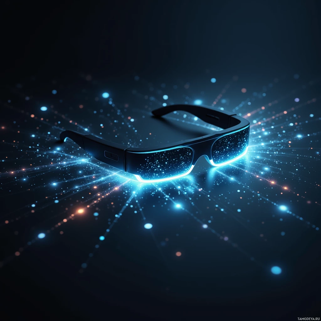 A futuristic pair of glasses with glowing blue light trails in the background.