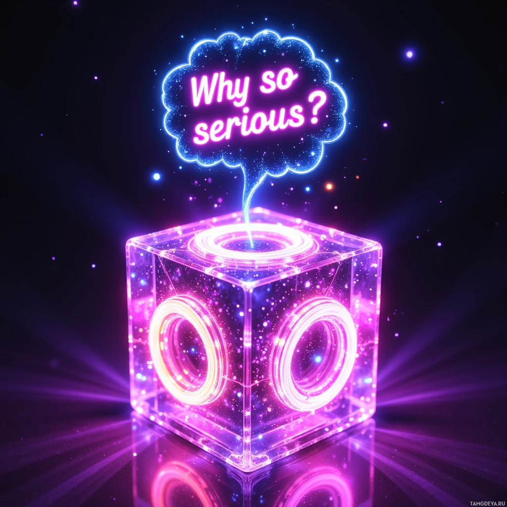A glowing neon cube with a thought bubble above it displaying the text "Why so serious?" against a dark, starry background.