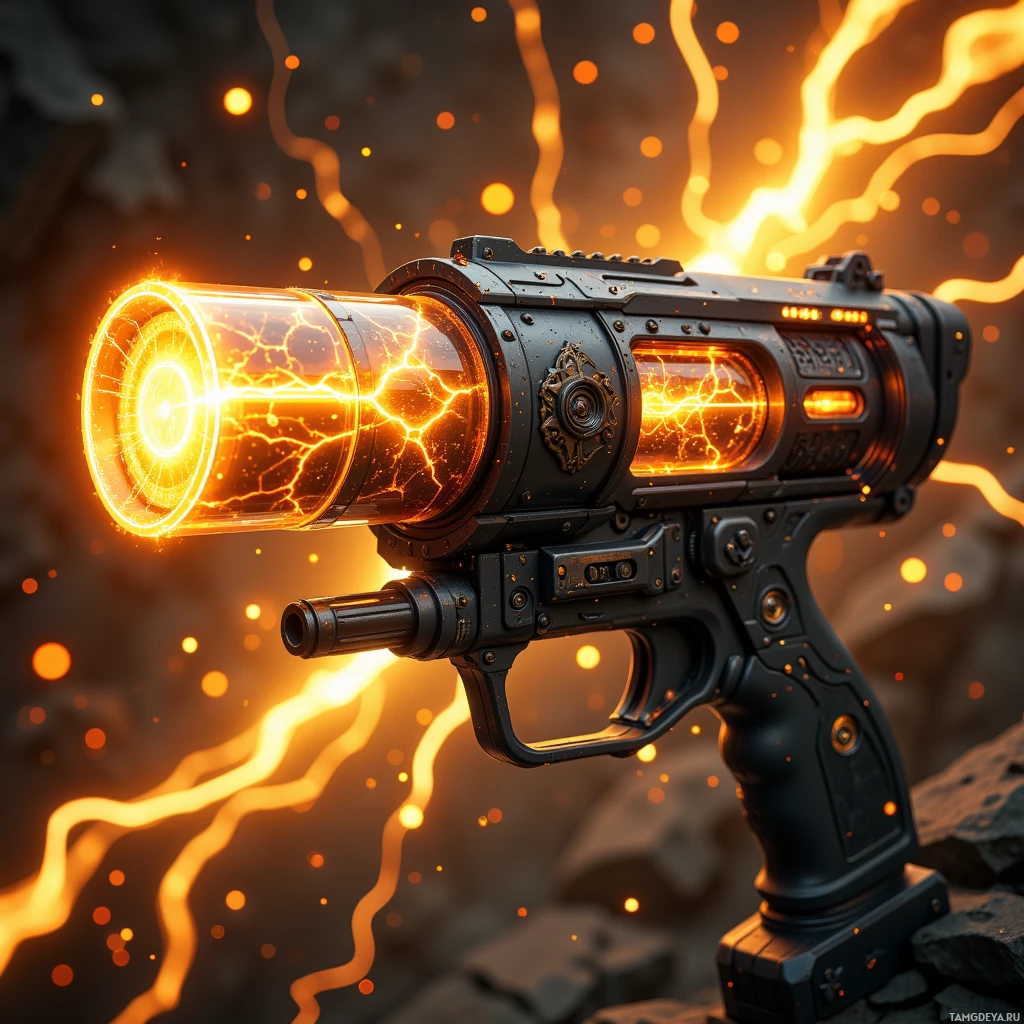 A futuristic, glowing energy weapon with a metallic finish and intricate design.