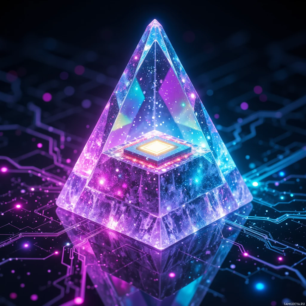 A glowing, futuristic pyramid with a central glowing core, set against a dark, circuit-like background.