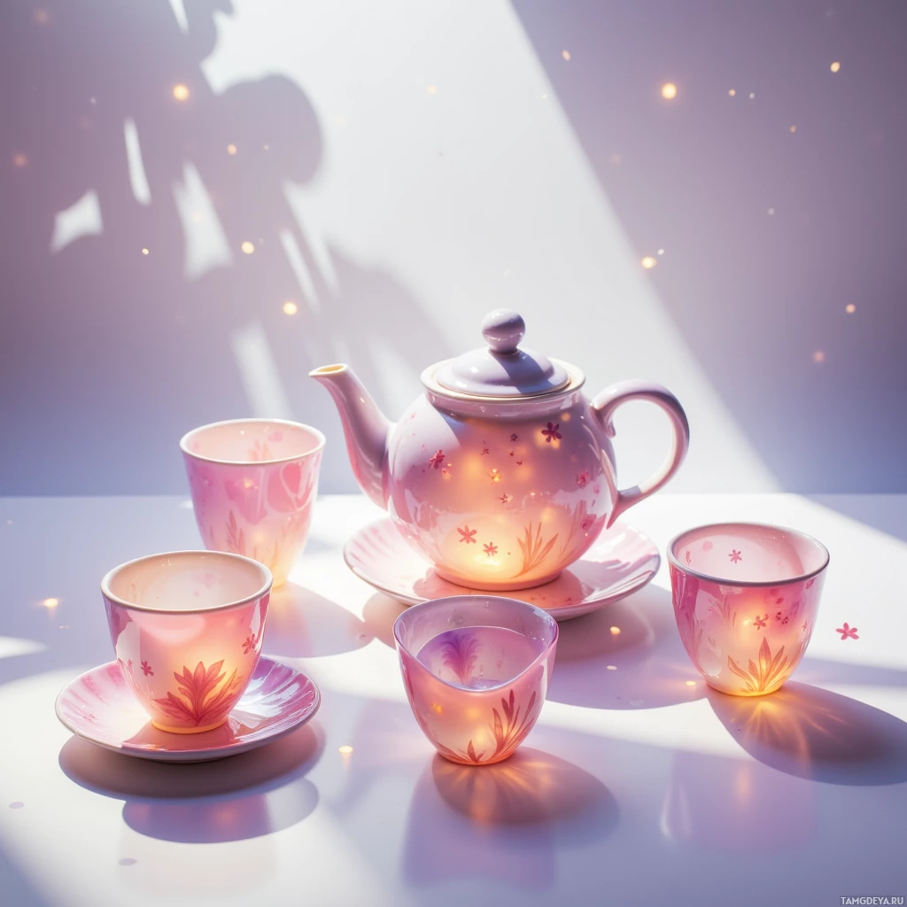 A set of pink floral teacups and a teapot with glowing lights in the background.