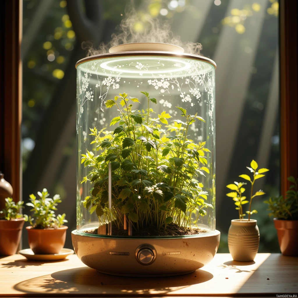 Semi-abstract image with many light, that is suitable for the post:  Hand‑crafted vertical herb garden induction cooker made of tempered glass and ceramic, featuring a finely etched vine pattern on the glass face, a tiny touch‑screen interface, integrated temperature sensors, and slender ceramic potting trays that absorb steam, all in warm earthy tones with subtle green foliage accents.