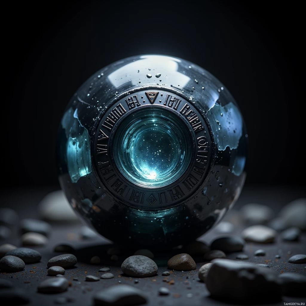 Semi-abstract image with many light, that is suitable for the post:  tiny obsidian lens the size of a thumb, polished black mirror surface, faint iridescent glow, engraved cryptic sigils that shift with light, high detail close‑up, studio lighting, no background.