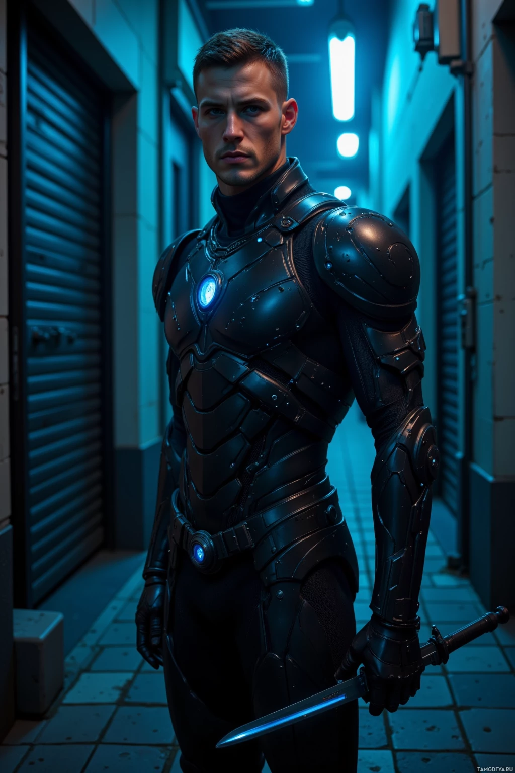 Realistic high quality photo. Tall, pale-skinned man, 35, with short dark hair, piercing blue eyes, wearing sleek black futuristic armor with subtle glowing blue accents, stands in a dim nighttime alley, faint pulsing blue grid lights the walls, his ocular cortex emits a soft glow, a blade glints from his forearm as he is poised for a precise strike.