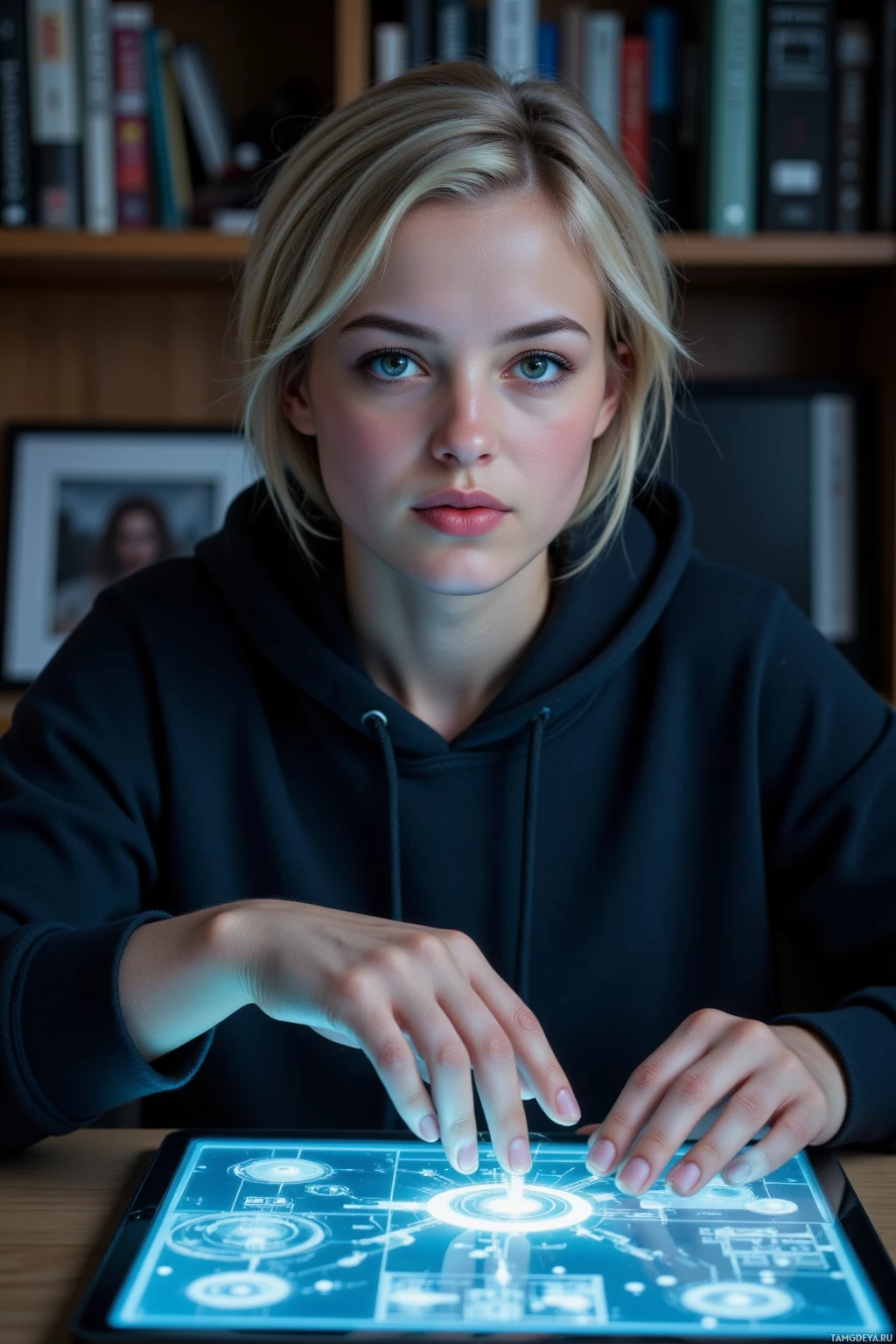 Realistic high quality photo. 28‑year‑old woman with short messy blonde hair, green eyes, porcelain skin, heart‑shaped face, wearing a loose dark hoodie and black jeans, seated at a desk in a dimly lit home office at night, her hand hovering over a floating holographic board that emits playful mockery, a sly smirk mixing sarcasm and warmth on her face, modern realism.
