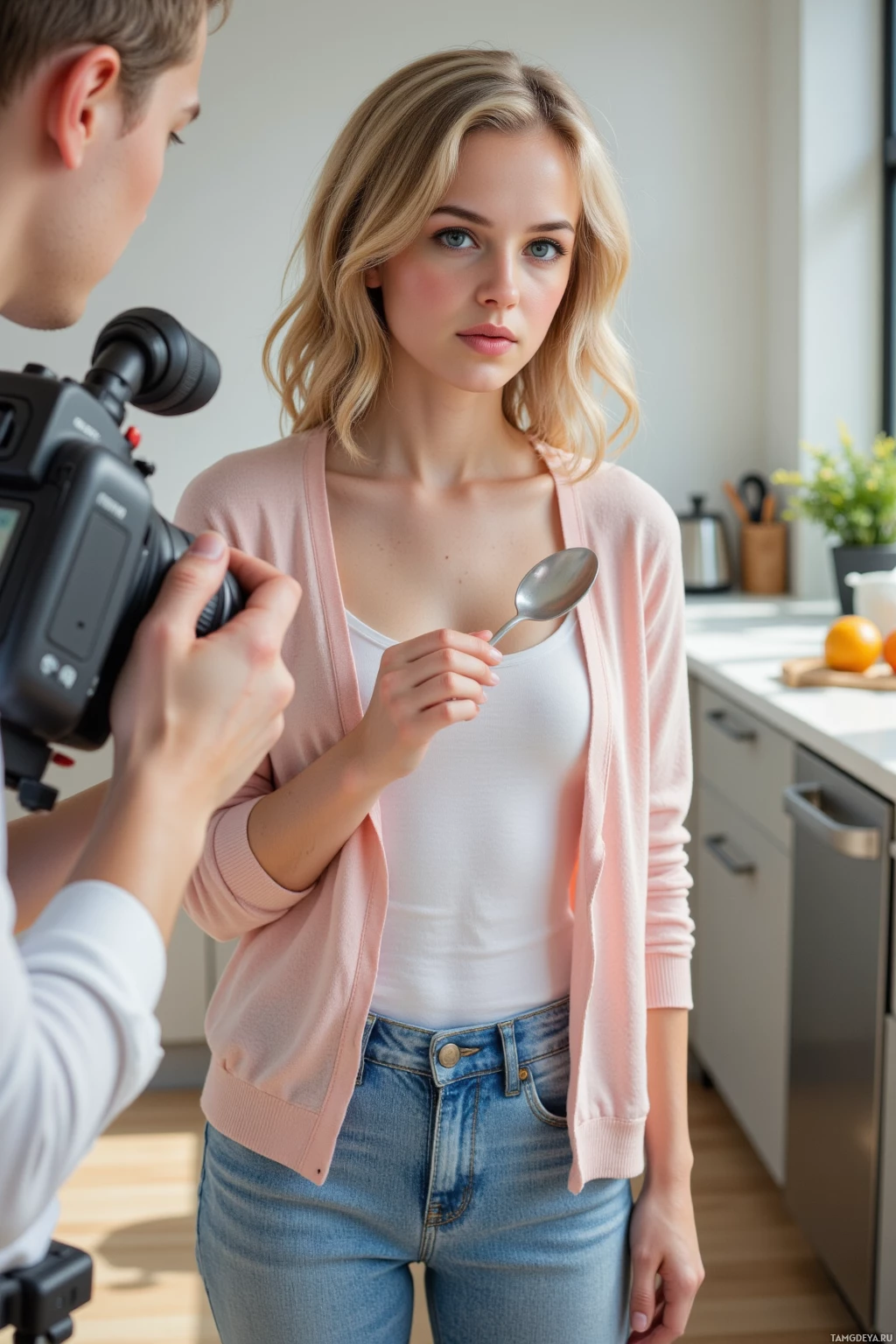 Realistic high quality photo. Female, 32, blonde curly hair, pale skin, green eyes, wearing a soft pastel cardigan and relaxed jeans, standing in a modern kitchen film set holding a spoon toward a handheld camera, looking at the spoon with a cautious yet amused expression while checking the corners of the set under natural midday light.