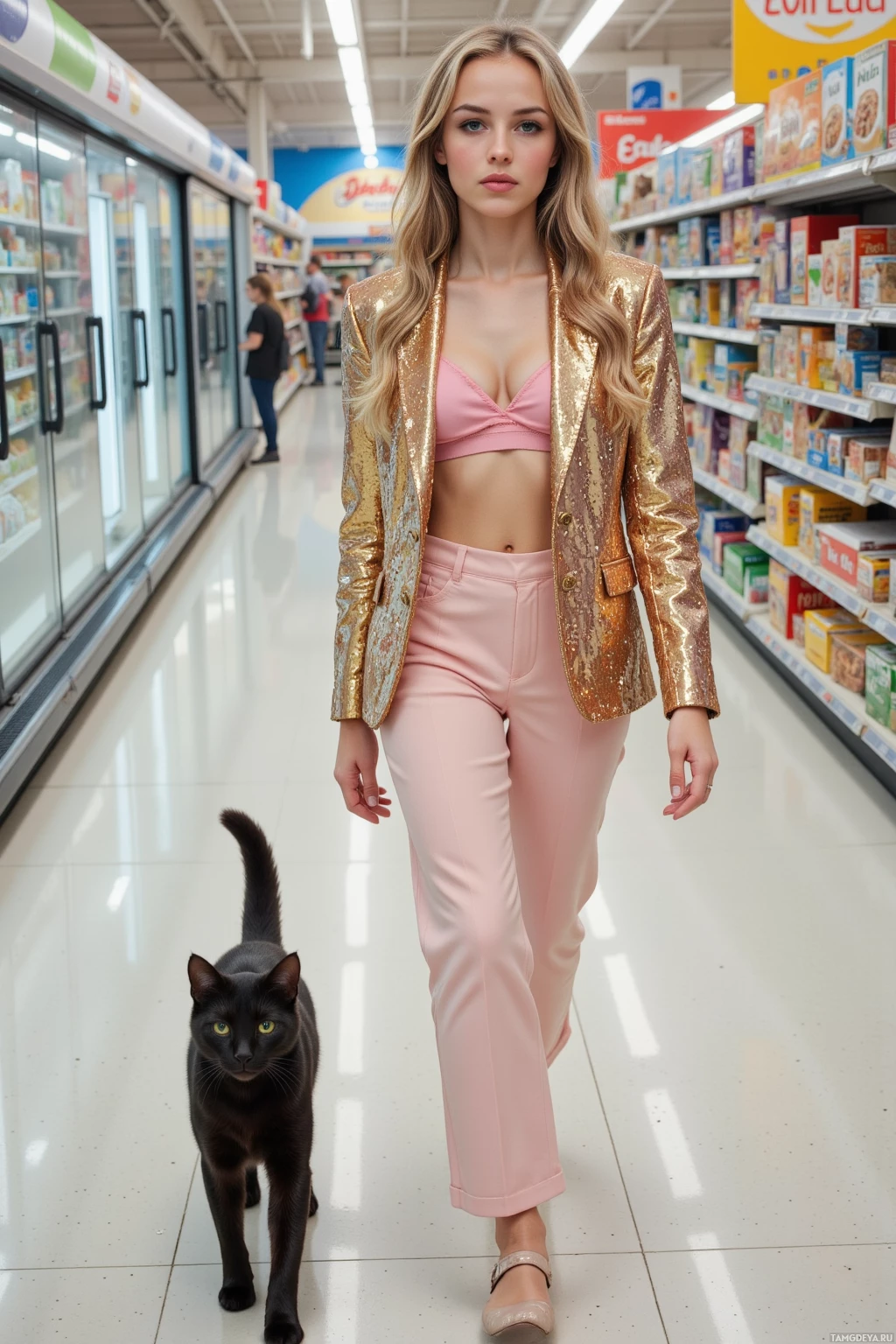 Realistic high quality photo. A 21‑year‑old woman with long blonde curls and green eyes, wearing pastel casual streetwear and a glittering sequined blazer, strutting through a bright grocery aisle past frozen foods and cereal boxes, while a black cat follows her like a paparazzo, captured in daytime shop lighting.