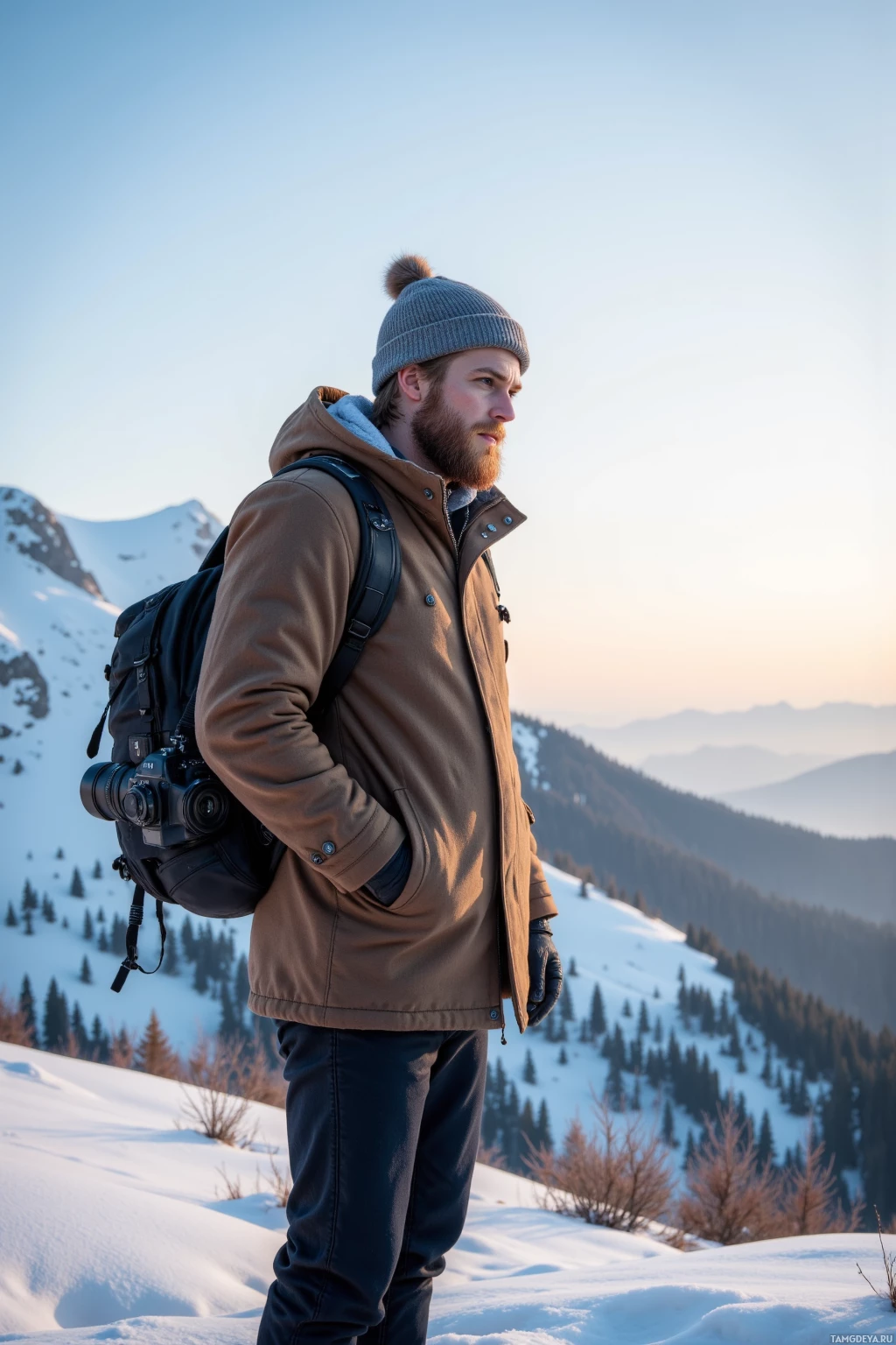 Realistic high quality photo. Tall blonde-haired man in a wool coat and beanie with a camera slung around his neck, standing on a snowy ridge at dawn, pale blue sky melting into the horizon, frost-covered valley below, holding camera to capture the moment.