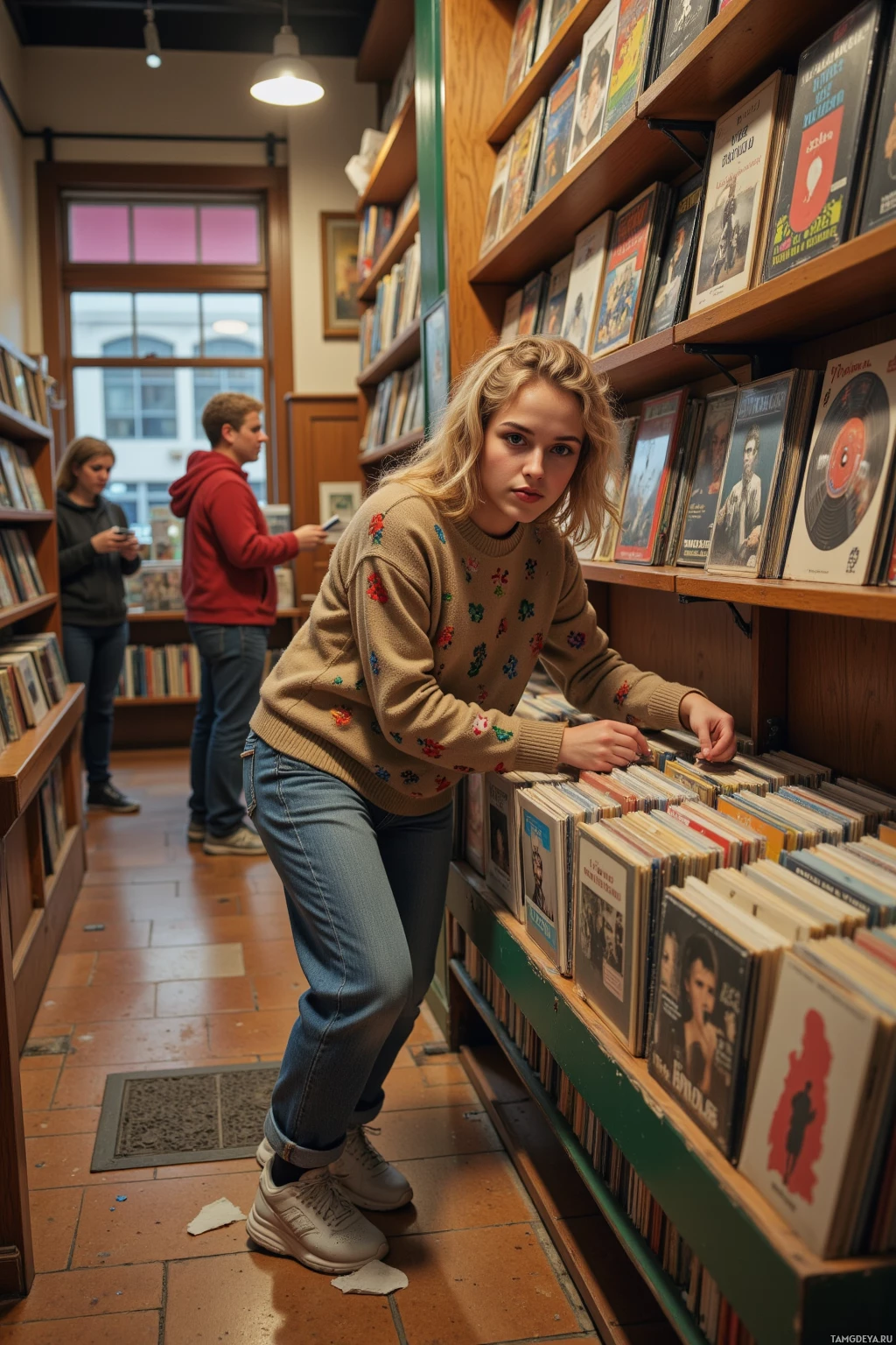 Realistic high quality photo. Clumsy young woman with curly blonde hair in a loose ponytail, blue eyes, pale skin, wearing an oversized sweater with playful prints, jeans, and scuffed sneakers, tripping over her shoelaces in a warmly lit bookstore, knocking a display of vintage vinyl records off the shelf, revealing a hidden gem beneath the dust, while the amused clerk watches and she hurriedly cleans up the fallen records.