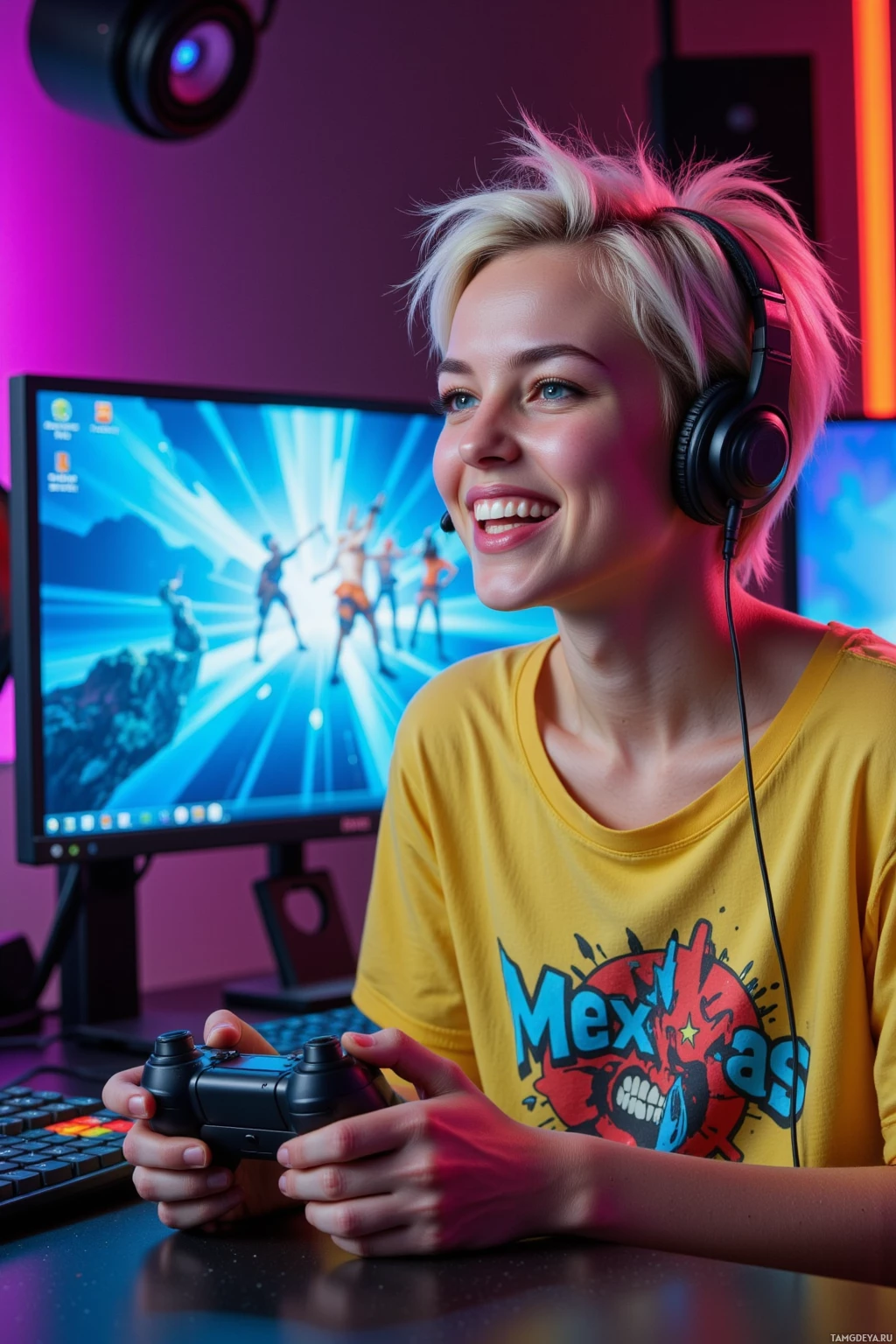 Realistic high quality photo. Female streamer, 29, short spiky blonde hair, piercing blue eyes, wearing a bright gaming‑themed shirt, laughing with a game controller in hand, standing before a modern streaming desk with three monitors displaying pixelated game footage, LED strip lights, scrolling alert notifications, headset on, studio lights softly glowing, late evening.