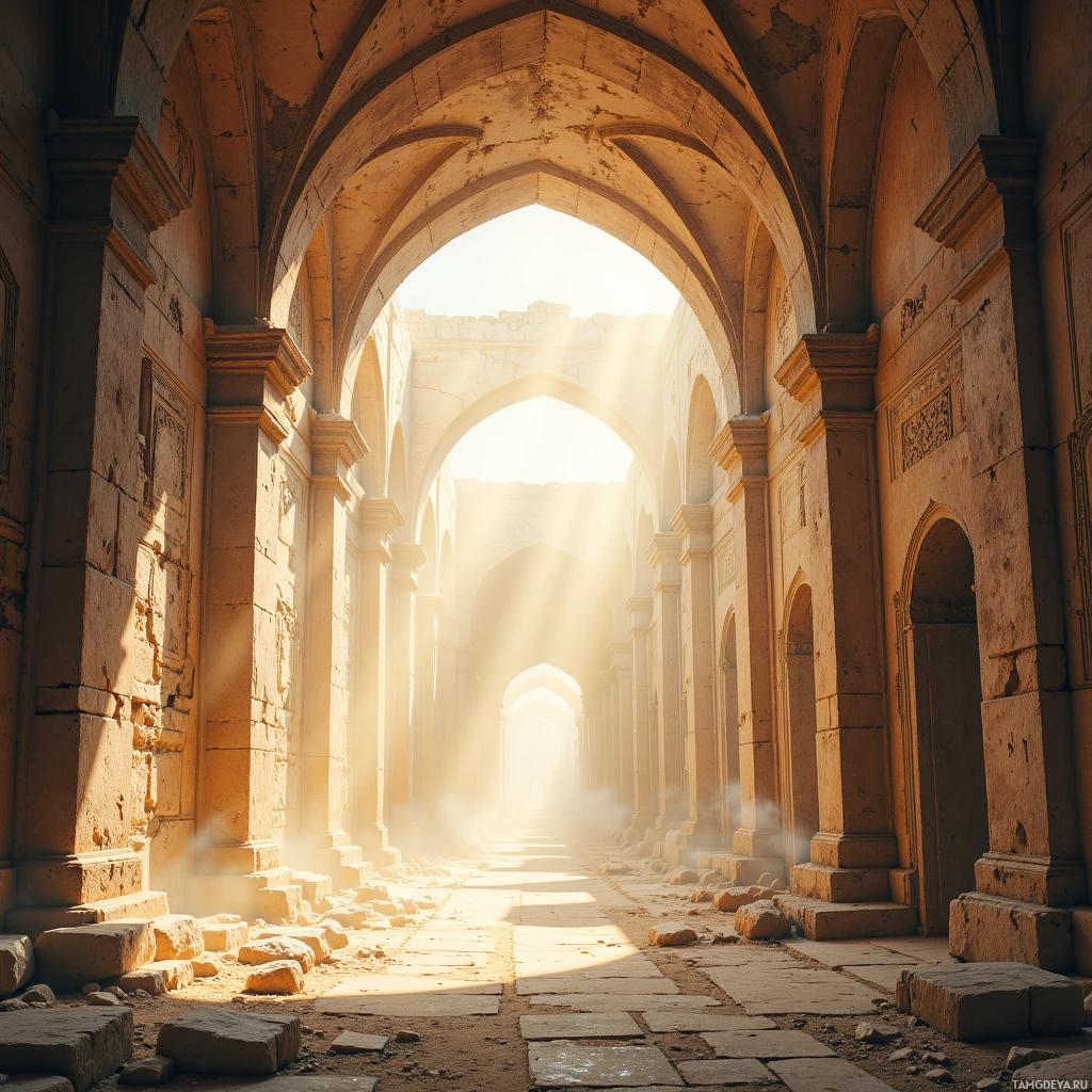 Semi-abstract image with many empty light space at center of beautiful background, that is suitable for the post:  The dust of ancient walls tastes like stories unfinished, and I savor every grain.