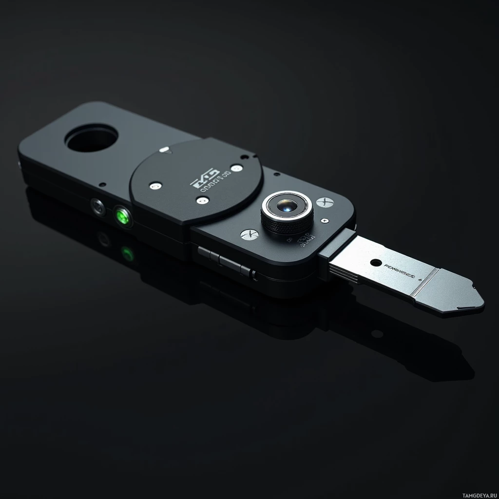 Semi-abstract image with many light, that is suitable for the post:  A matte‑black, keyhole‑shaped pocket lock‑picking kit, palm‑sized with a smooth heat‑shrinked surface, featuring a tiny green LED at the tip, a recessed micro‑camera lens in the lid, and subtle metallic circuitry, rendered with sleek, futuristic detail.