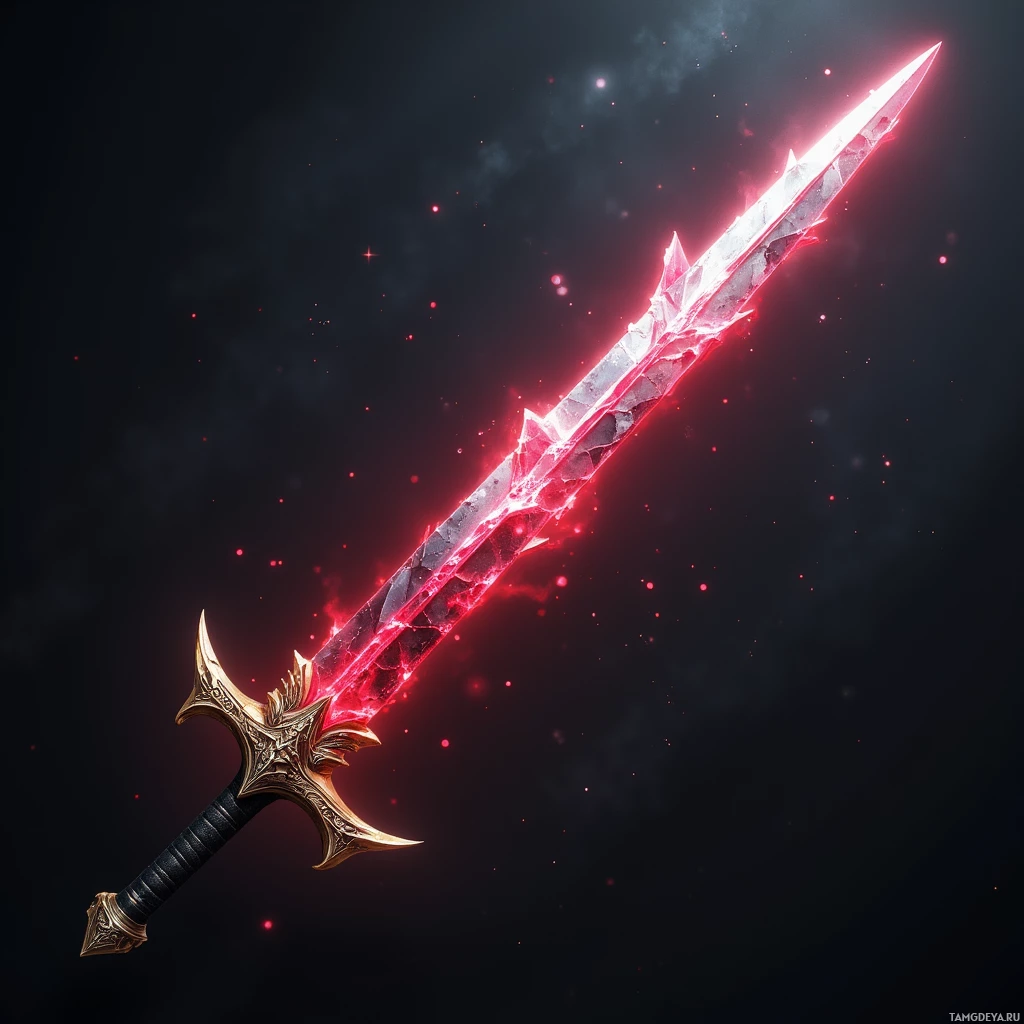 Semi-abstract image with many light, that is suitable for the post:  Sleek steel sword with a single blood‑red crystal vein running along the blade, a faint glowing edge that brightens, textured grip with etched promise symbols, and a polished metal surface reflecting light.