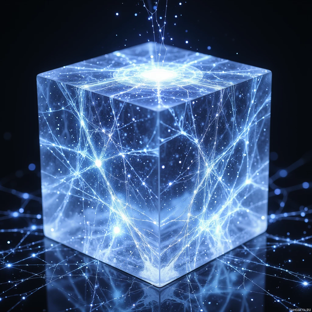 Semi-abstract image with many light, that is suitable for the post:  Translucent crystal cube with a finely detailed internal lattice, its facets refracting ambient light into shifting holographic overlays of data nodes, emitting a faint pulsing glow that reveals invisible subspace, with embedded adaptive circuitry visible through the crystal.
