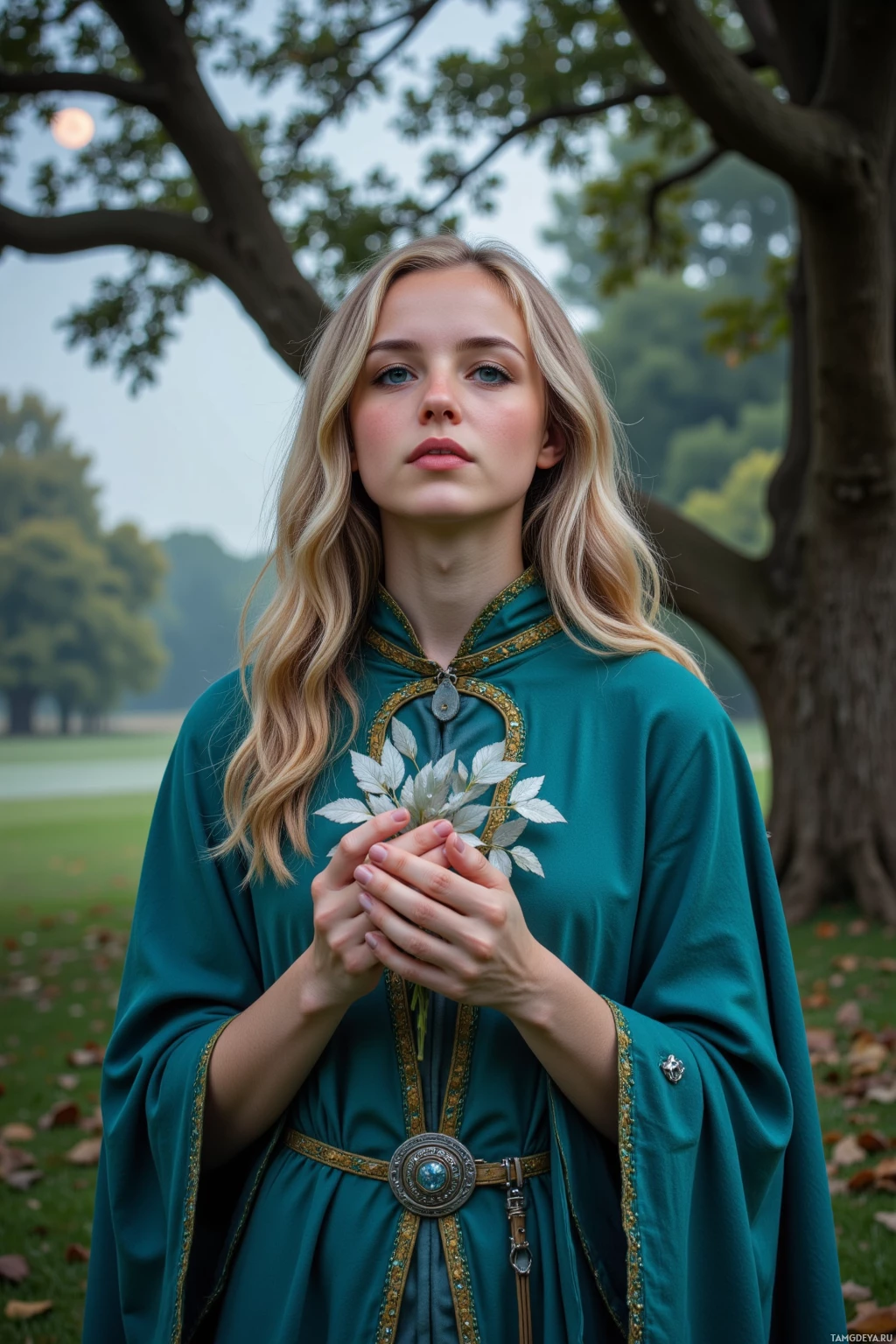 A person in a teal medieval-style robe stands with hands clasped, surrounded by trees and grass.