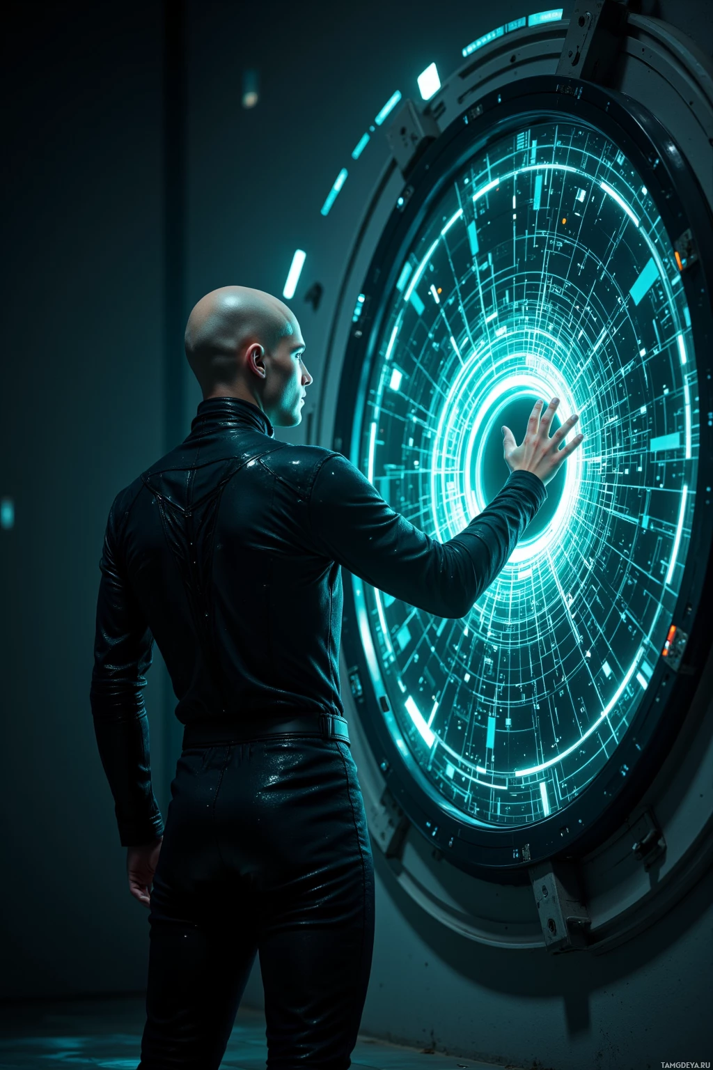 A person in a black outfit stands facing a glowing circular portal with intricate designs and blue lighting.