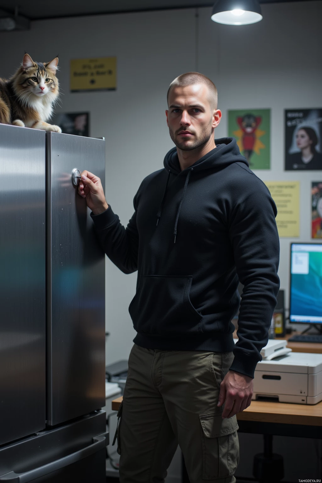 A person in a black hoodie and cargo pants stands in an office, holding a refrigerator door handle, with a cat perched on top of the refrigerator.